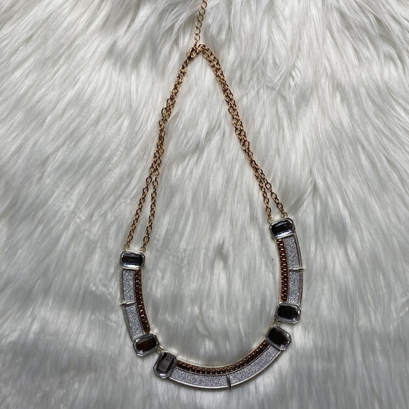 Silver and Gold Double Chain Plate Necklace - Picture 2 of 6